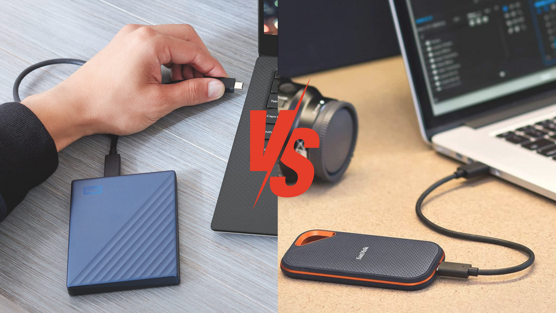 Side-by-side SSD and HDD drives on a desk – comparison of speed, durability, capacity, and price for 2025 storage choices.