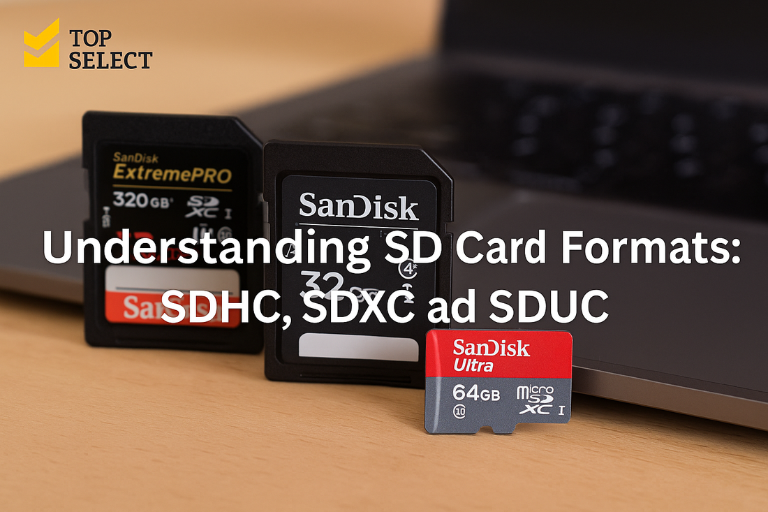 Modern blog header featuring SanDisk memory cards arranged neatly on a clean yellow background with black accents, styled to match TopSelect branding, with bold text highlighting 'Understanding SD Card Formats: SDHC, SDXC, SDUC'.