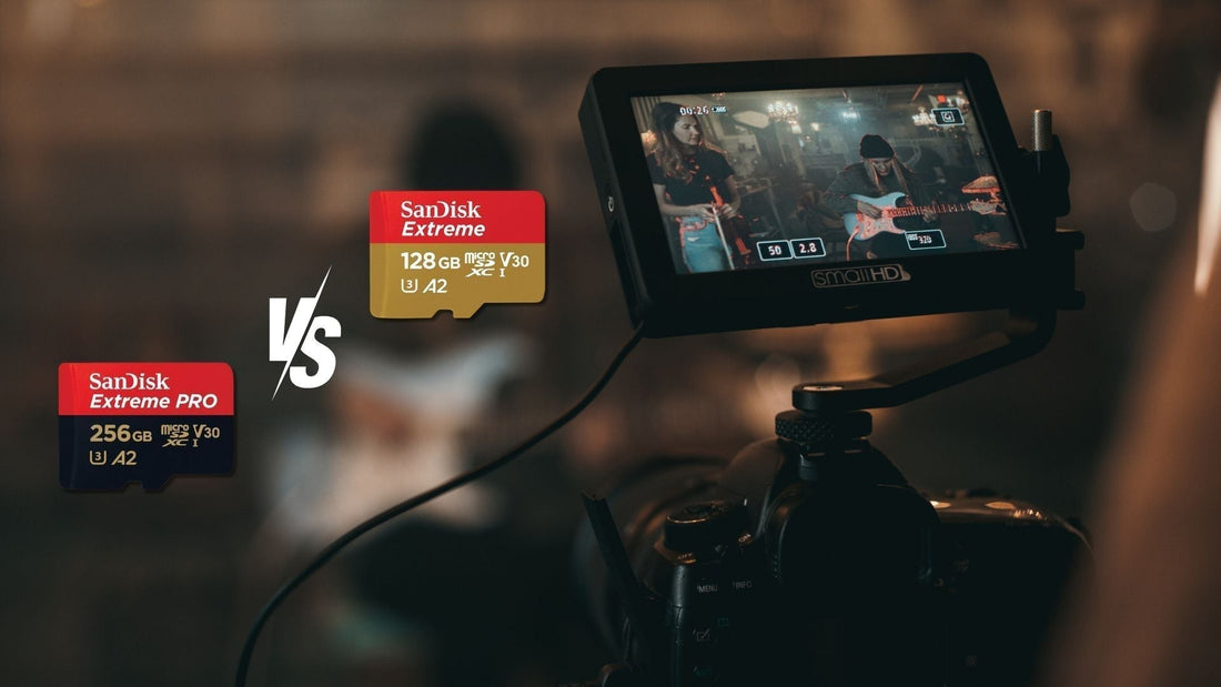 Camera monitor and microSD cards (SanDisk Extreme vs Extreme PRO) – SD card comparison for speed, 4K video, and professional devices.