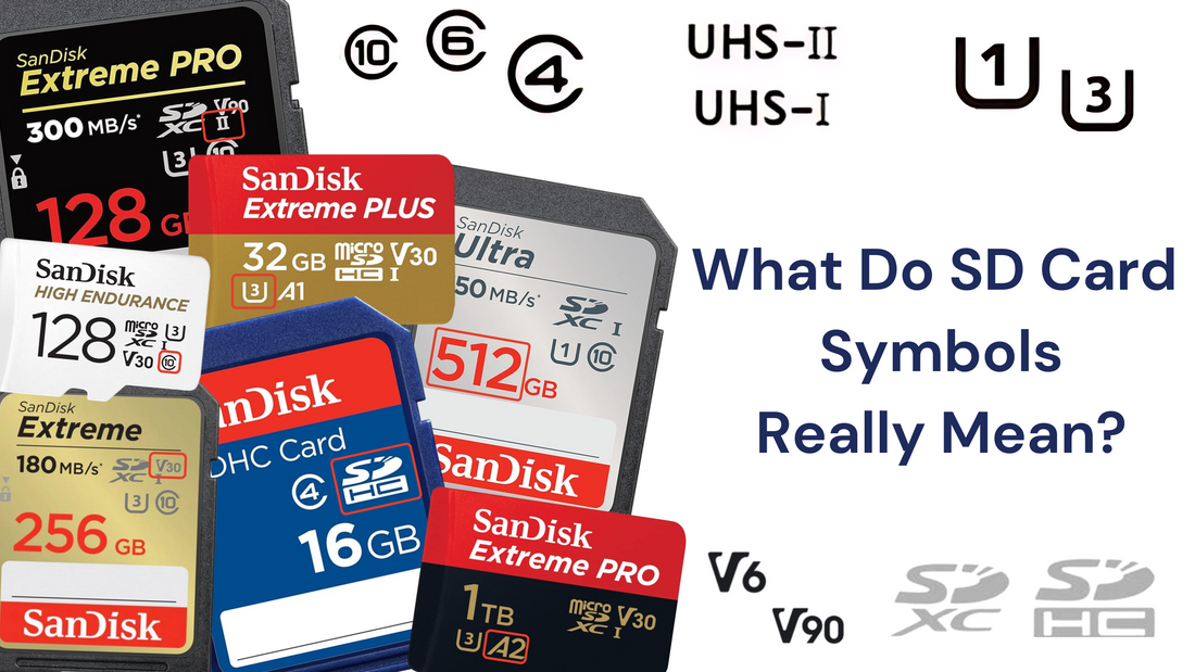 Various SanDisk SD cards with different speed and class symbols—guide to understanding SD card markings for speed, capacity, and performance.