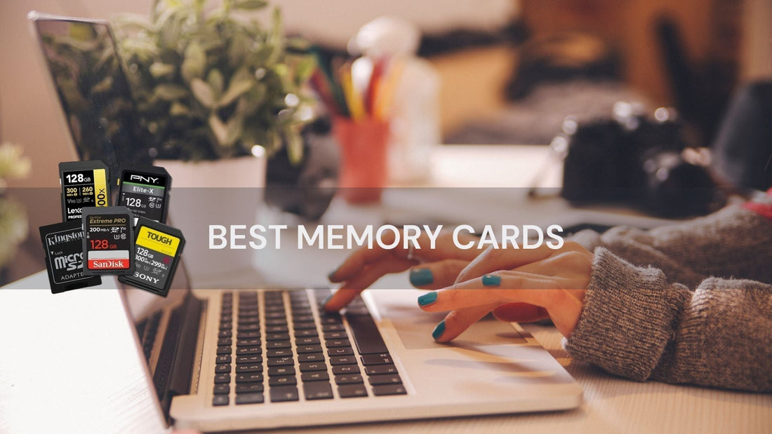 Laptop with multiple SD and microSD memory cards (SanDisk, Samsung, Lexar, Kingston, Sony) — top memory cards in Canada for photography, drones, and gaming.