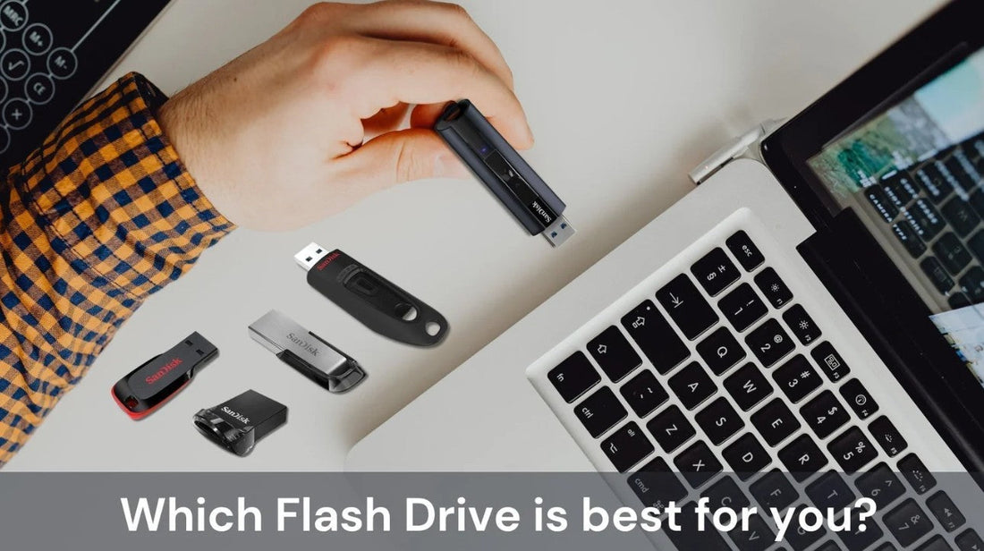 Hand holding multiple SanDisk flash drives—including Cruzer Blade, Ultra, Ultra Flair, Ultra Fit, and Extreme PRO—above a laptop. Product comparison for speed, durability, and best use cases in Canada.