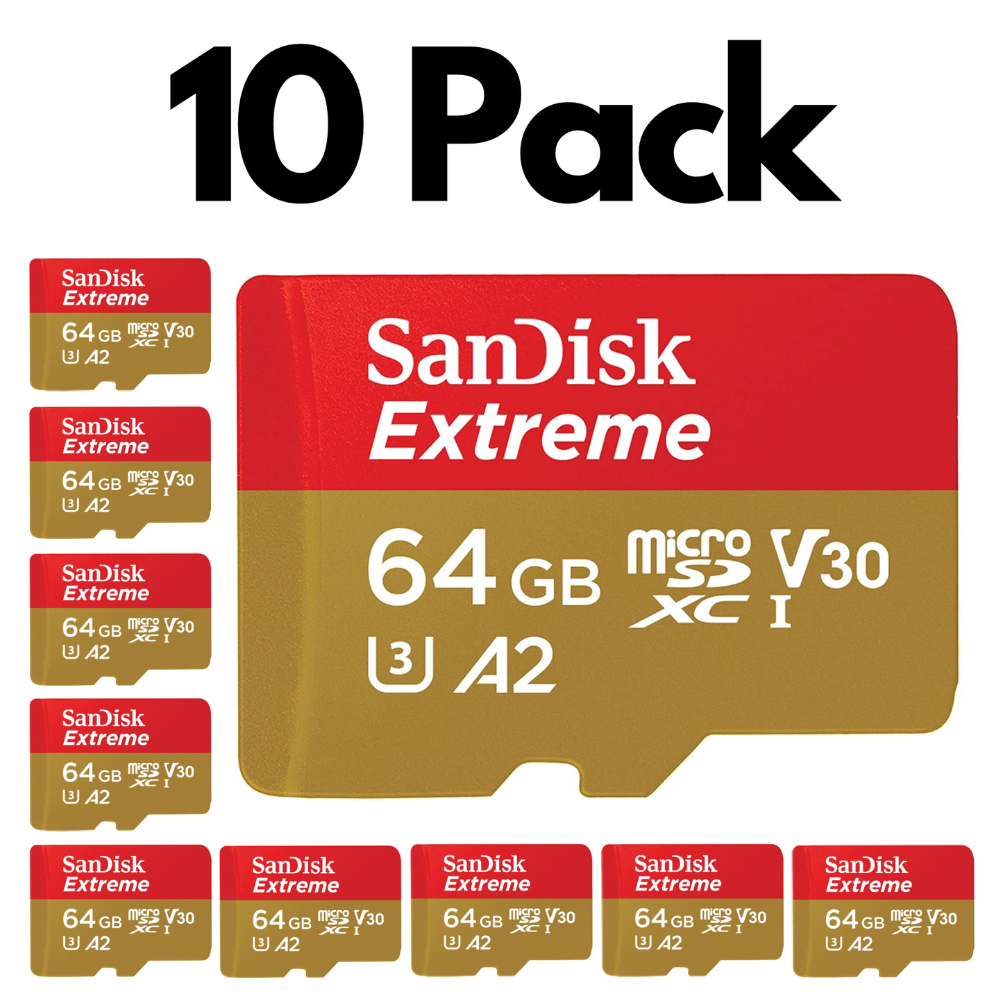 10 Pack SanDisk Extreme microSDHC UHS-I, Bulk Micro SD Cards for Action Cameras and Drones-64GB