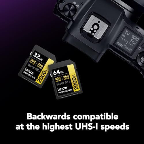 Two Lexar Professional memory cards next to a camera, with text indicating backwards compatibility at the highest UHS-I speeds.