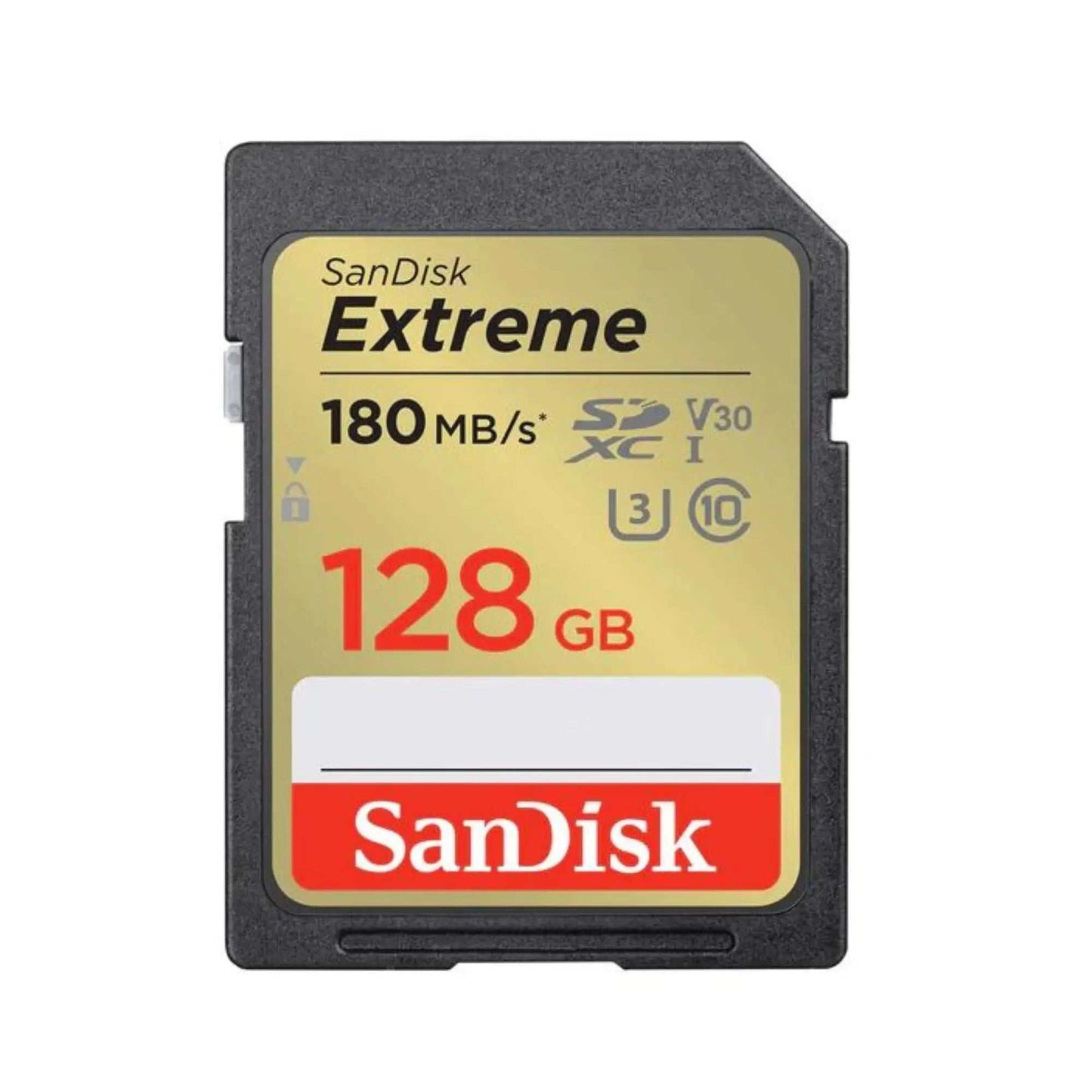 SanDisk Extreme SDXC UHS-I 128GB memory card with 180MB/s read speed.