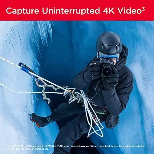 SanDisk Extreme PRO SDXC UHS-I memory card capturing 4K video on a mountain climber's camera.