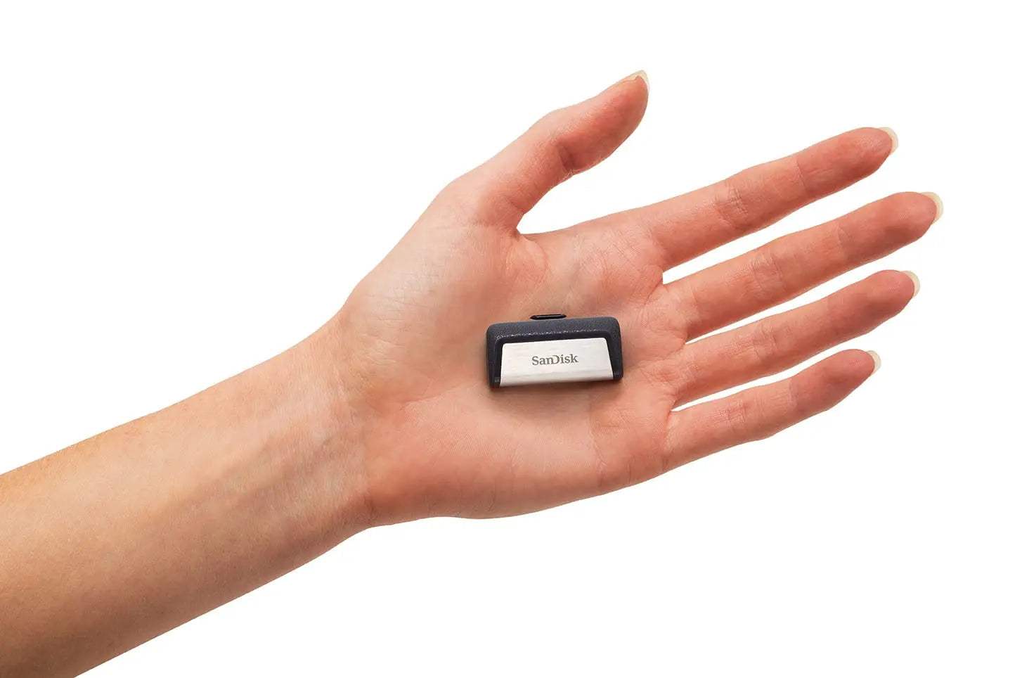 10 Pack SanDisk Ultra Dual Drive USB Type-C resting on a hand, showcasing compact and portable design.