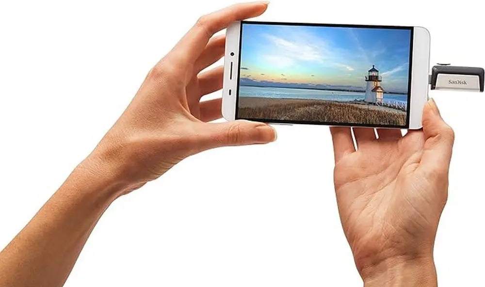 10 Pack SanDisk Ultra Dual Drive USB Type-C connected to smartphone showcasing high-speed data transfer.