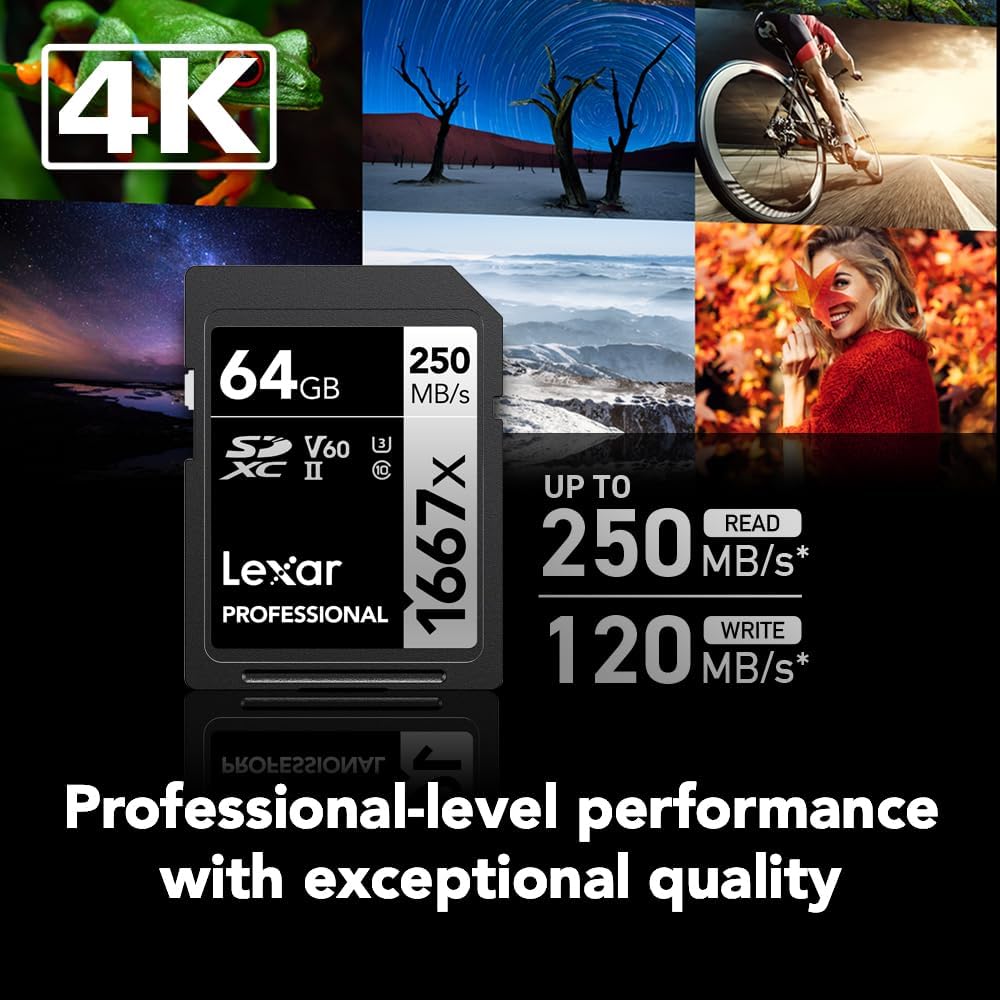 Lexar Professional 1667x 64GB SDXC UHS-II U3, SD Card for 4K Video Recording and Photography