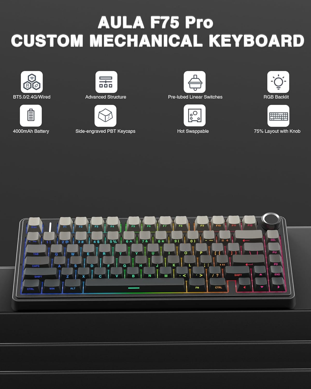 AULA F75 Pro custom mechanical keyboard with features listed on a dark background