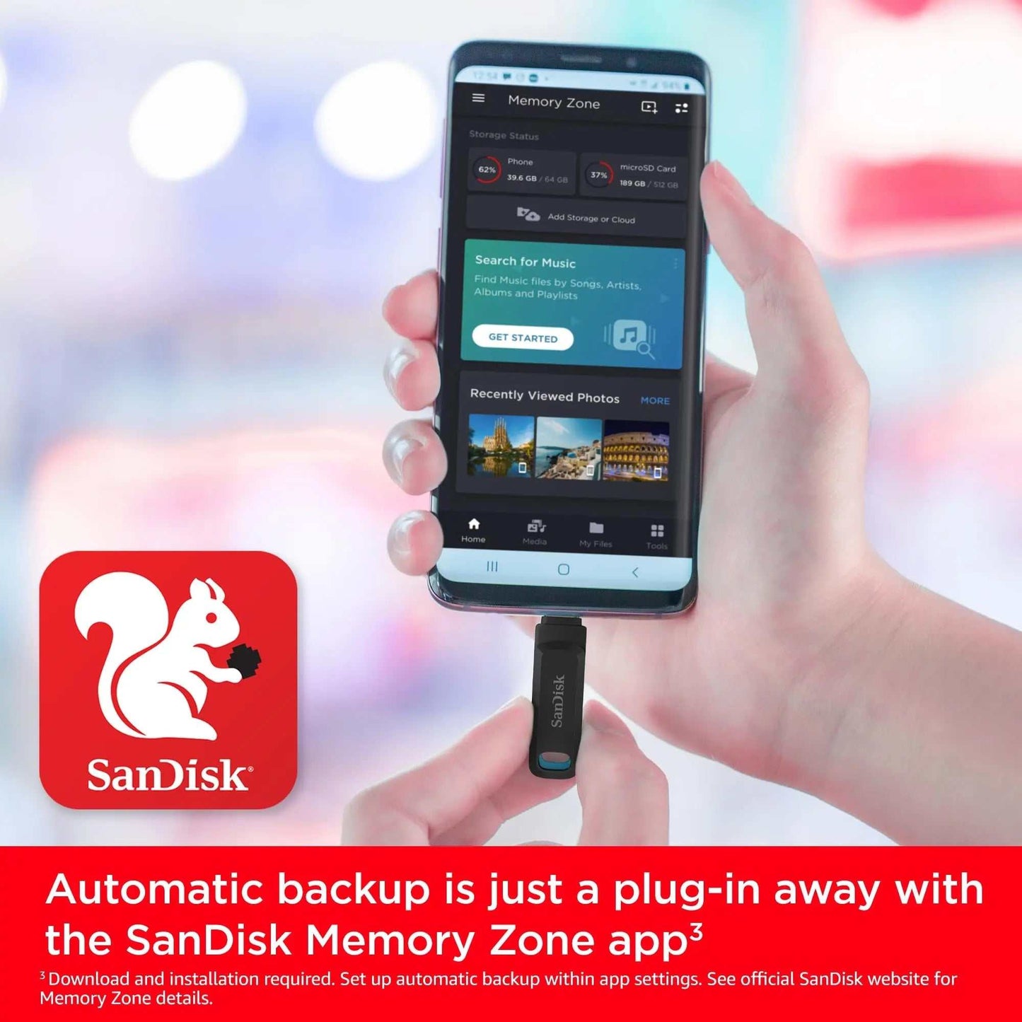 SanDisk Ultra Dual Drive connected to a smartphone with Memory Zone app for automatic backup.