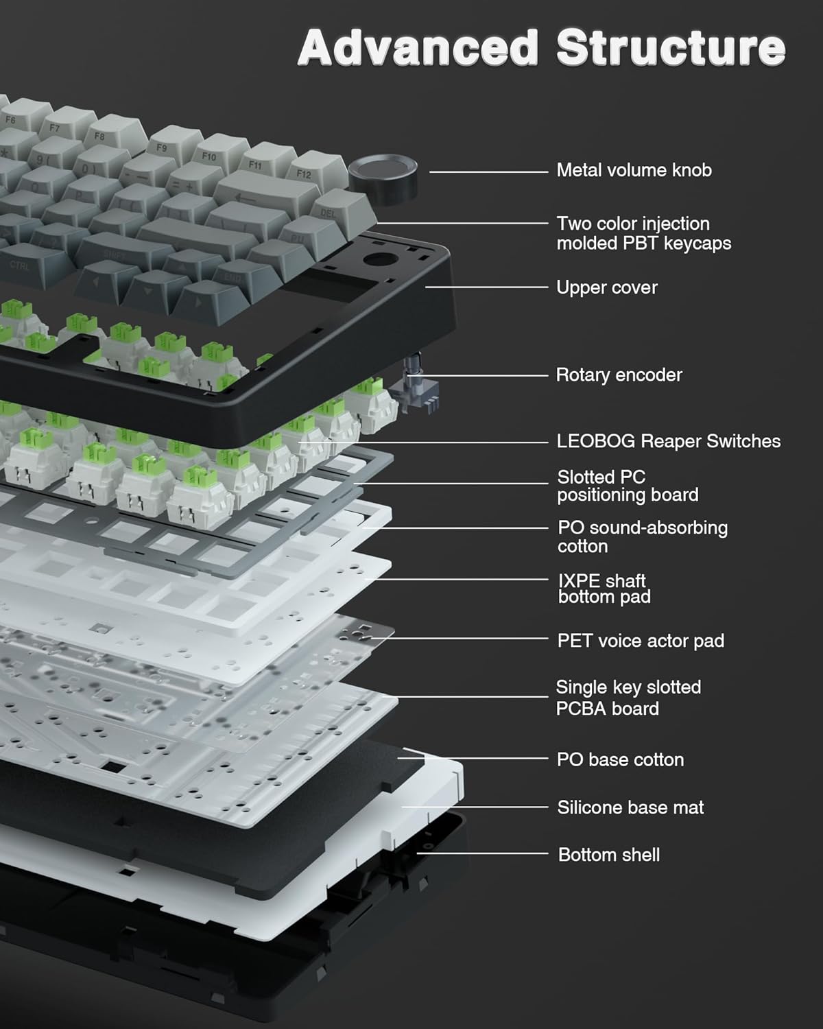 Diagram of a keyboard's internal structure with labeled components on a black background