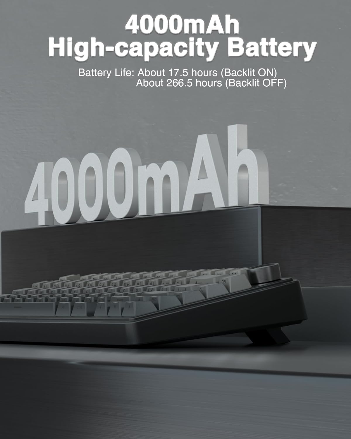 Black keyboard with 4000mAh high-capacity battery text on a gray background