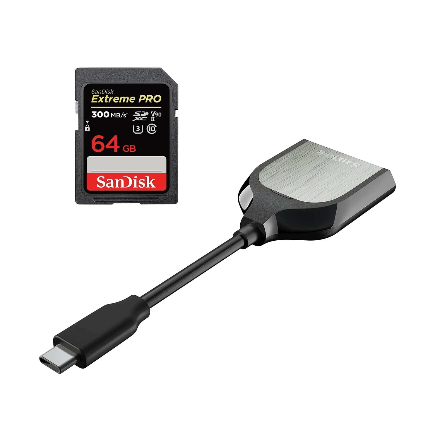 SanDisk Extreme PRO SDXC UHS-II Memory Card with USB-C Reader, 64GB, 300MB/s.