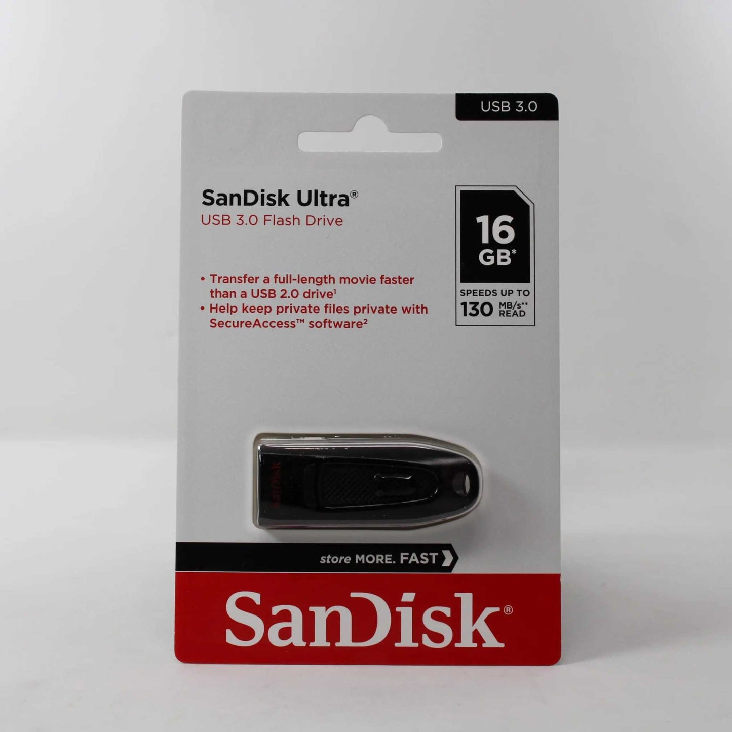 SanDisk Ultra USB 3.0 Flash Drive, 16GB, in packaging, highlighting fast transfer speeds and secure file protection.