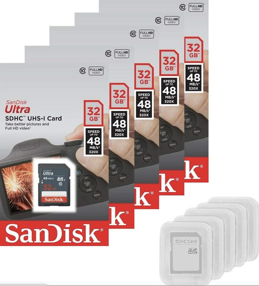 Lot de 5 cartes SD SanDisk Ultra 32 Go SDHC UHS-I 48 Mo/s Classe 10 SDSDUNB-032G avec mini-étui Jelly