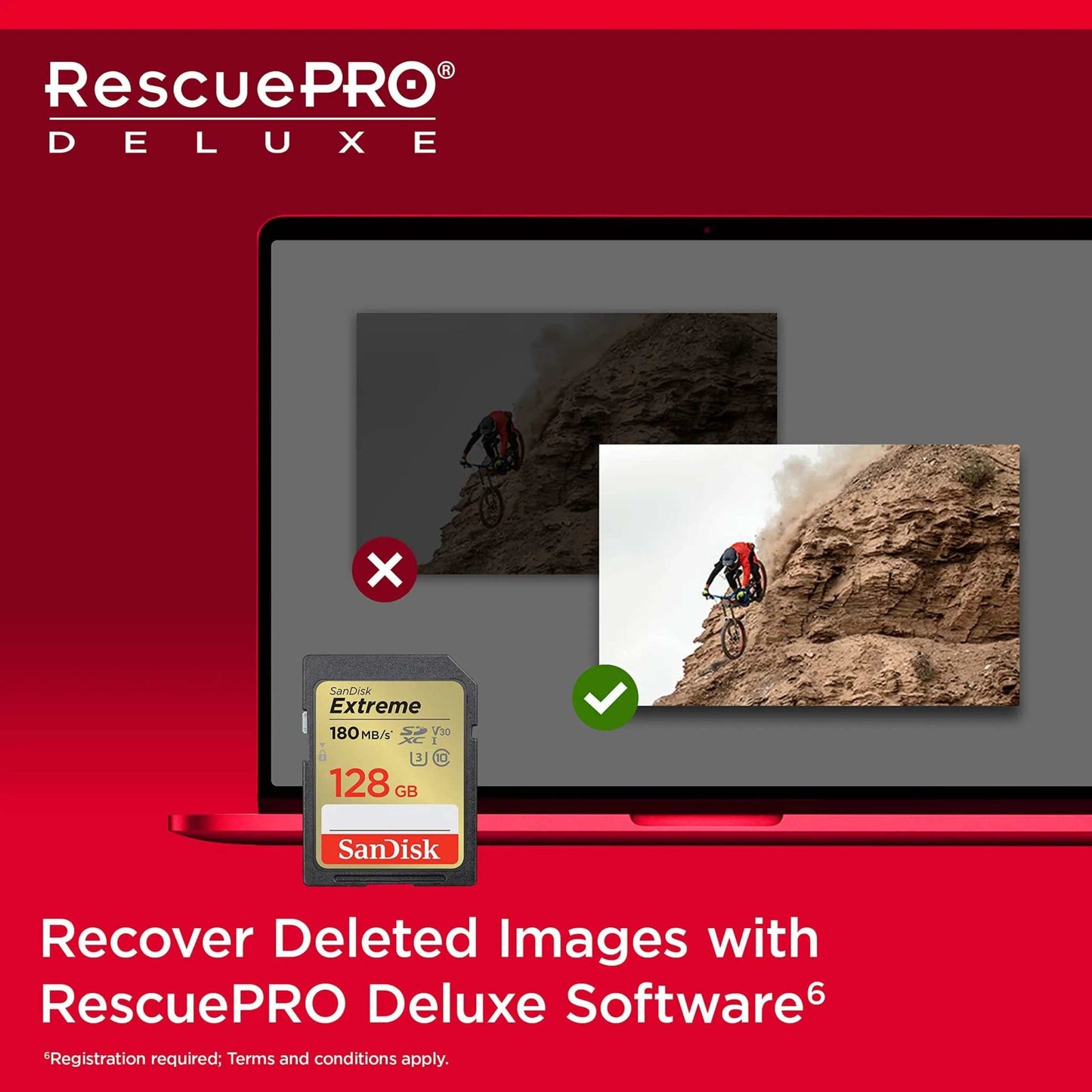 SanDisk Extreme SDXC UHS-I Memory Card with RescuePRO Deluxe Software for image recovery.