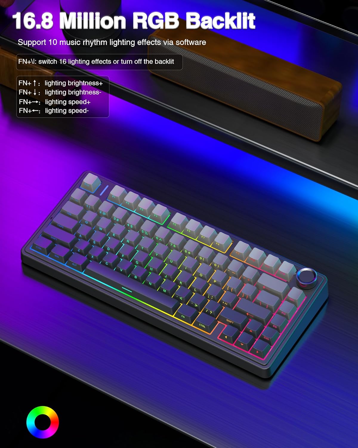Keyboard with RGB backlighting on a dark background