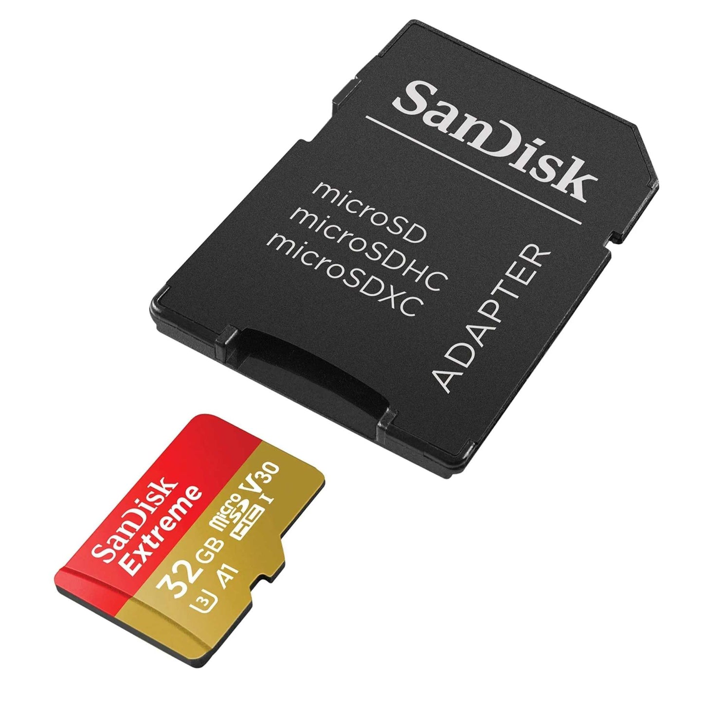 SanDisk Extreme microSDHC UHS-I Memory Card with adapter, 32GB capacity.