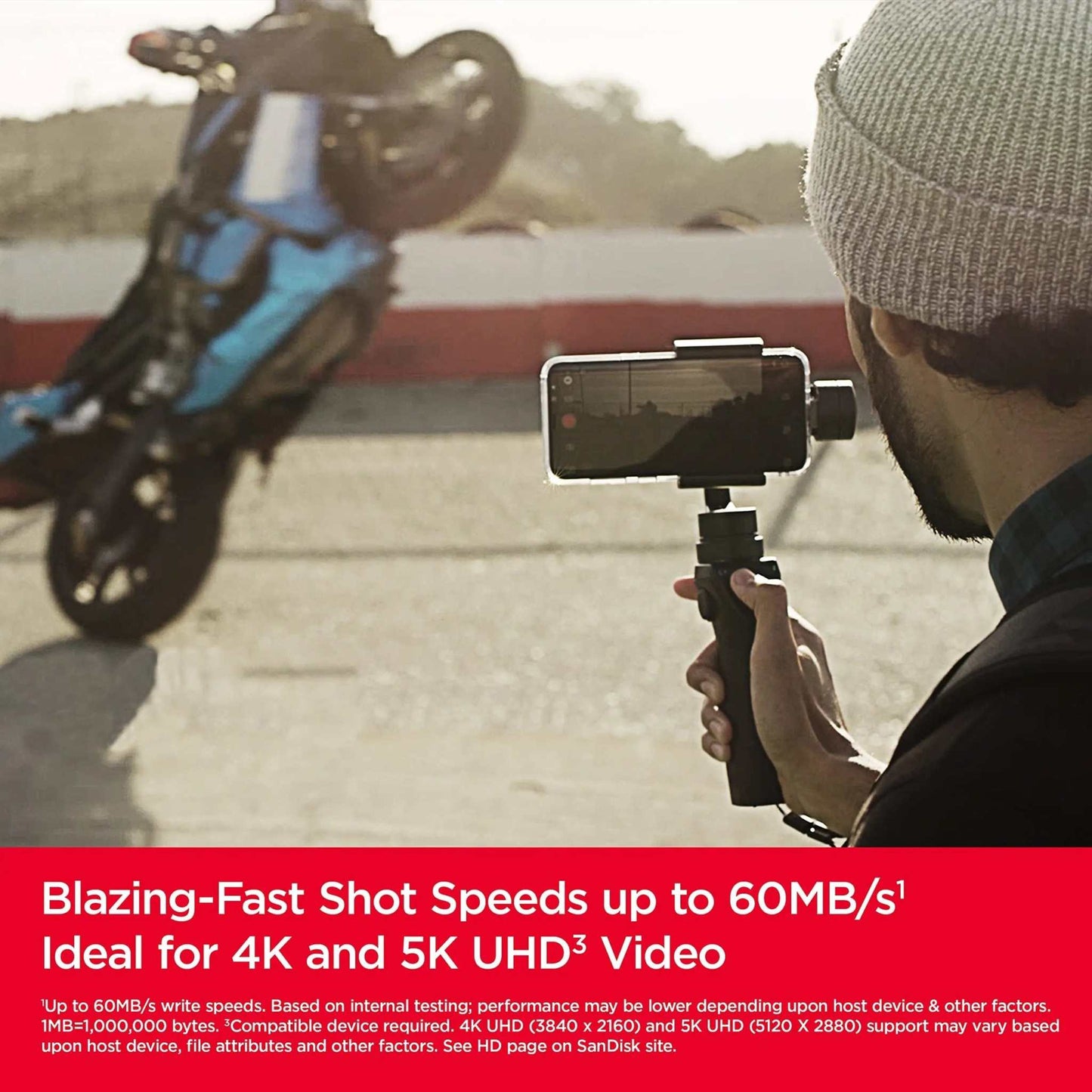 SanDisk Extreme microSDHC UHS-I card used for capturing 4K and 5K UHD video with fast shot speeds up to 60MB/s.