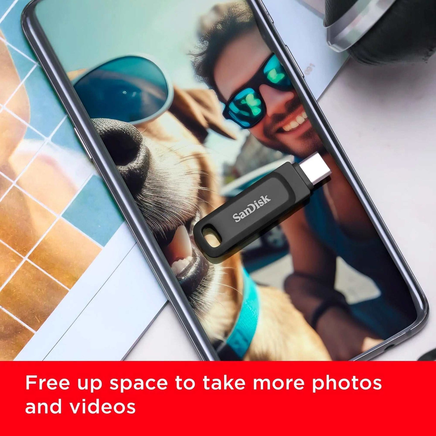 SanDisk Ultra Dual Drive Go USB Type-C Flash Drive connected to smartphone for easy data transfer.