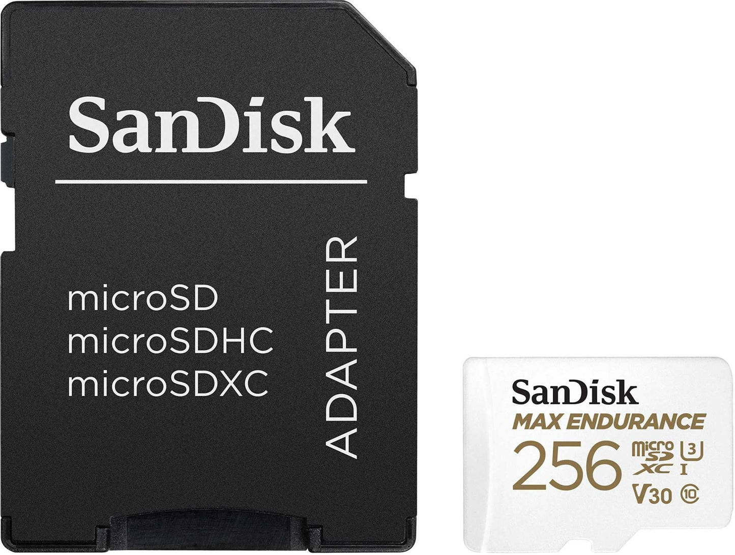 SanDisk MAX Endurance microSDXC card with adapter for home security cameras and dash cams.