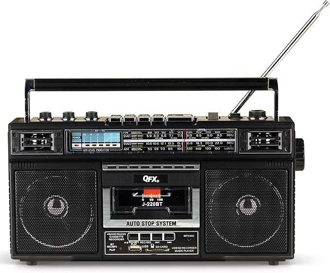 QFX Rerun X cassette player boombox with 4-band radio, Bluetooth connectivity, MP3 converter, and J-220BT model in black