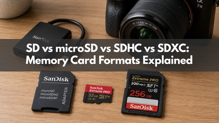 Full-size SD card, microSD card and a microSD-to-SD adapter side by side on a table