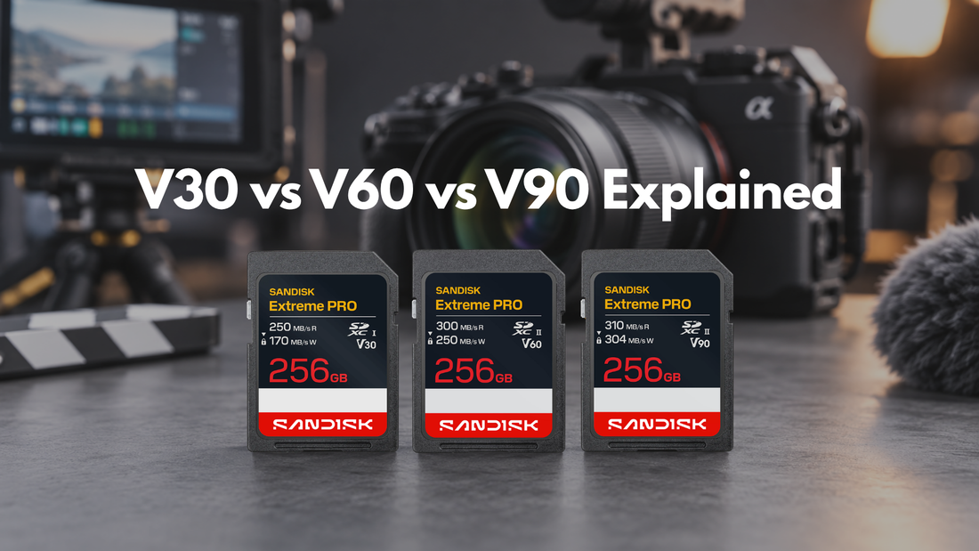 V30, V60 and V90 SD cards beside a mirrorless camera for video recording
