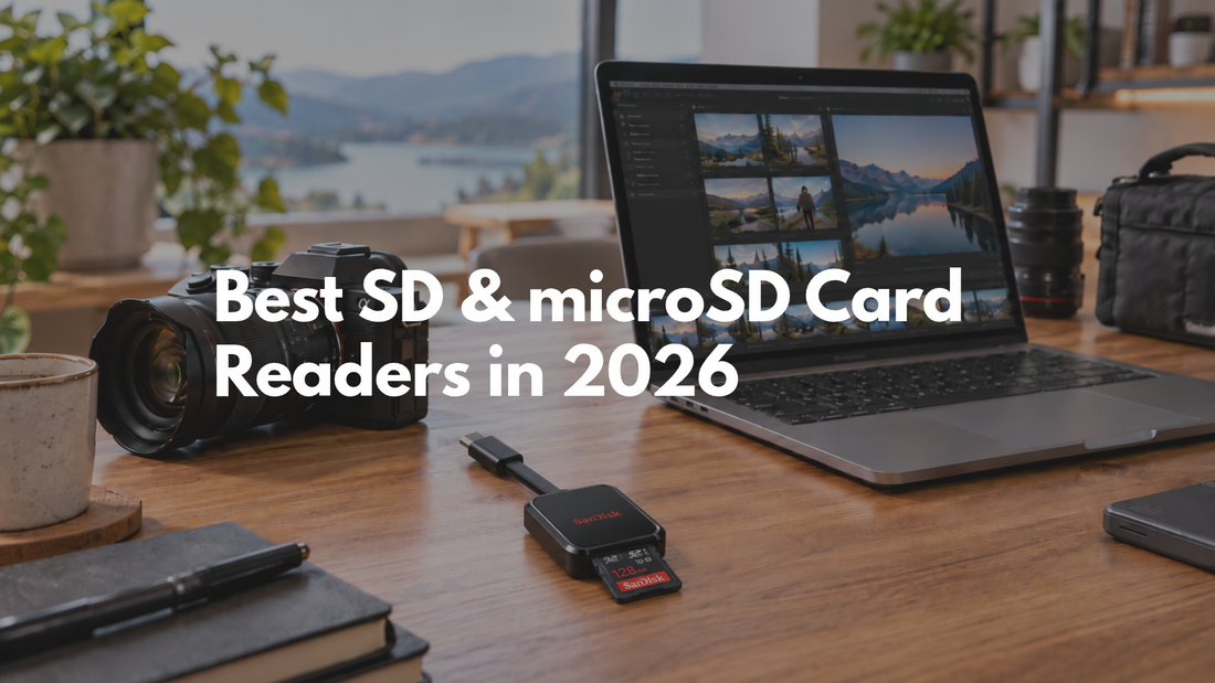 give me alt text for th eimage SanDisk SD card partially inserted into a QuickFlow USB-C card reader on a wooden desk, beside a mirrorless camera and a laptop displaying landscape photography.