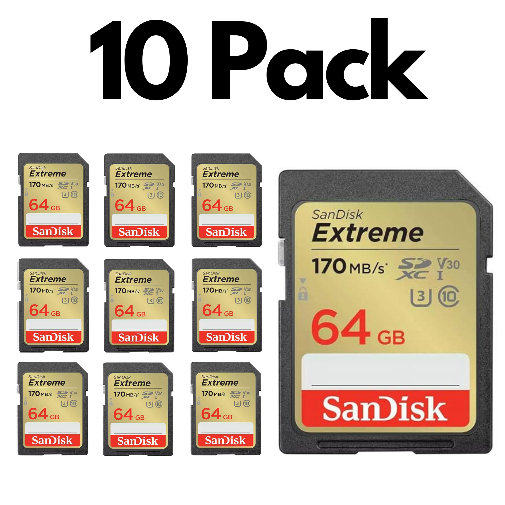 10 Pack SanDisk Extreme SDXC UHS-I, Bulk SD Cards for DSLR Cameras, 4K Video and Photography-64GB