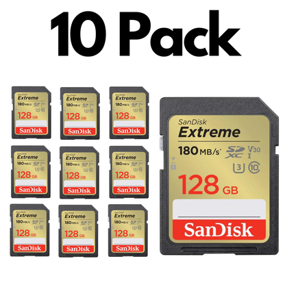 10 Pack SanDisk Extreme SDXC UHS-I, Bulk SD Cards for DSLR Cameras, 4K Video and Photography-128GB