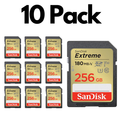 10 Pack SanDisk Extreme SDXC UHS-I, Bulk SD Cards for DSLR Cameras, 4K Video and Photography-256GB