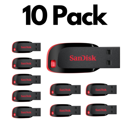 10 Pack SanDisk Cruzer Blade USB, Bulk Flash Drives for Reliable File Storage and Data Transfer