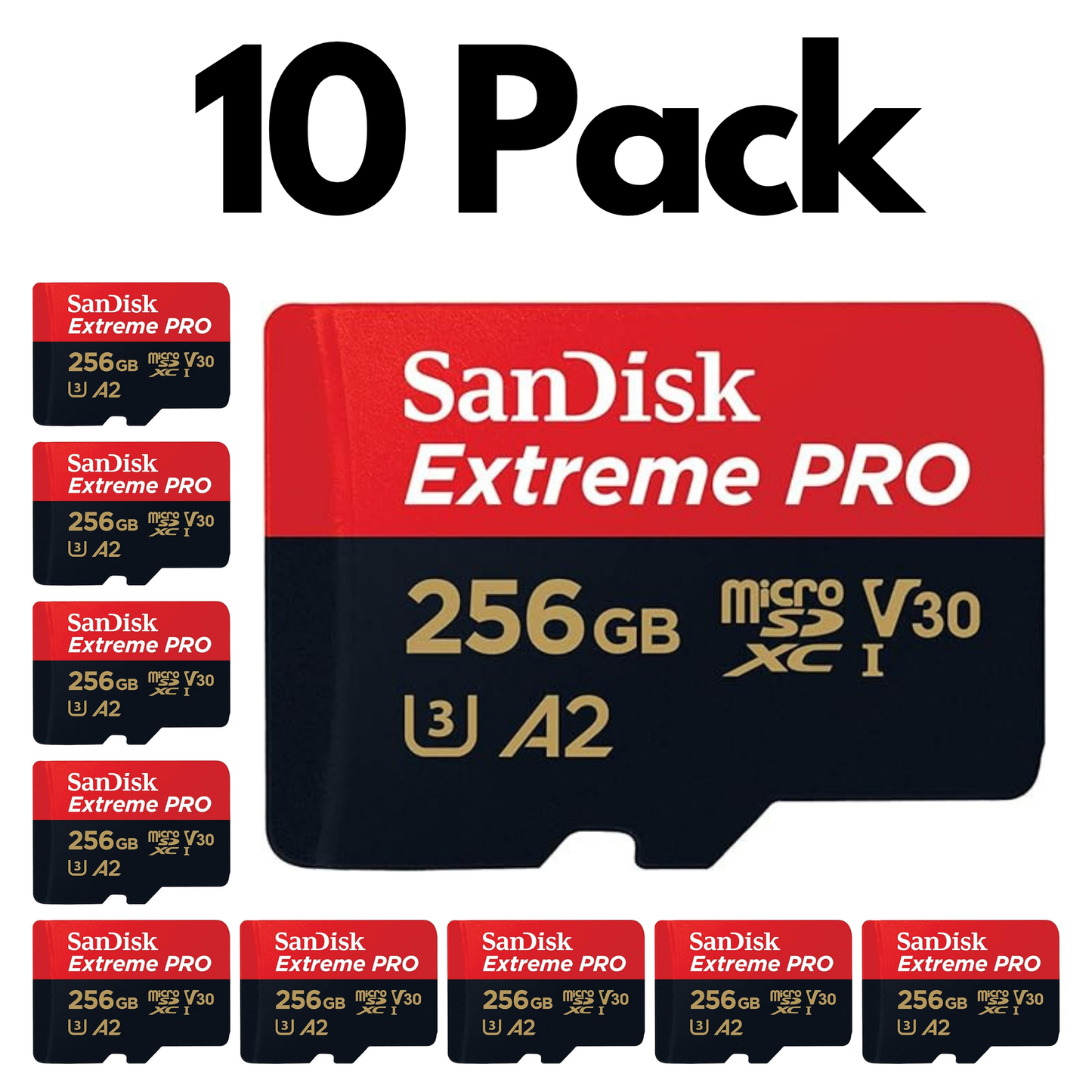 10 Pack SanDisk Extreme PRO microSD UHS-I, Bulk Micro SD Cards for 4K Video, Gaming and Drones-256GB
