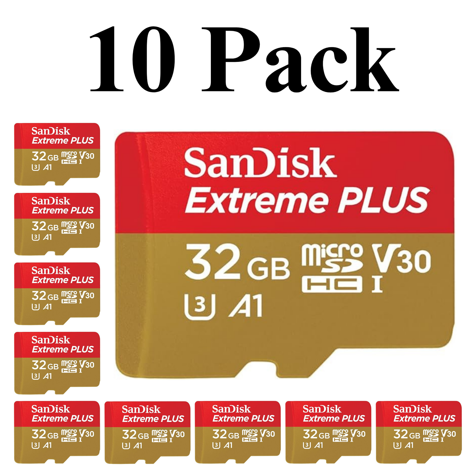 10 Pack SanDisk Extreme microSDHC UHS-I Memory Cards with 32GB capacity and V30 rating for 4K UHD recording.