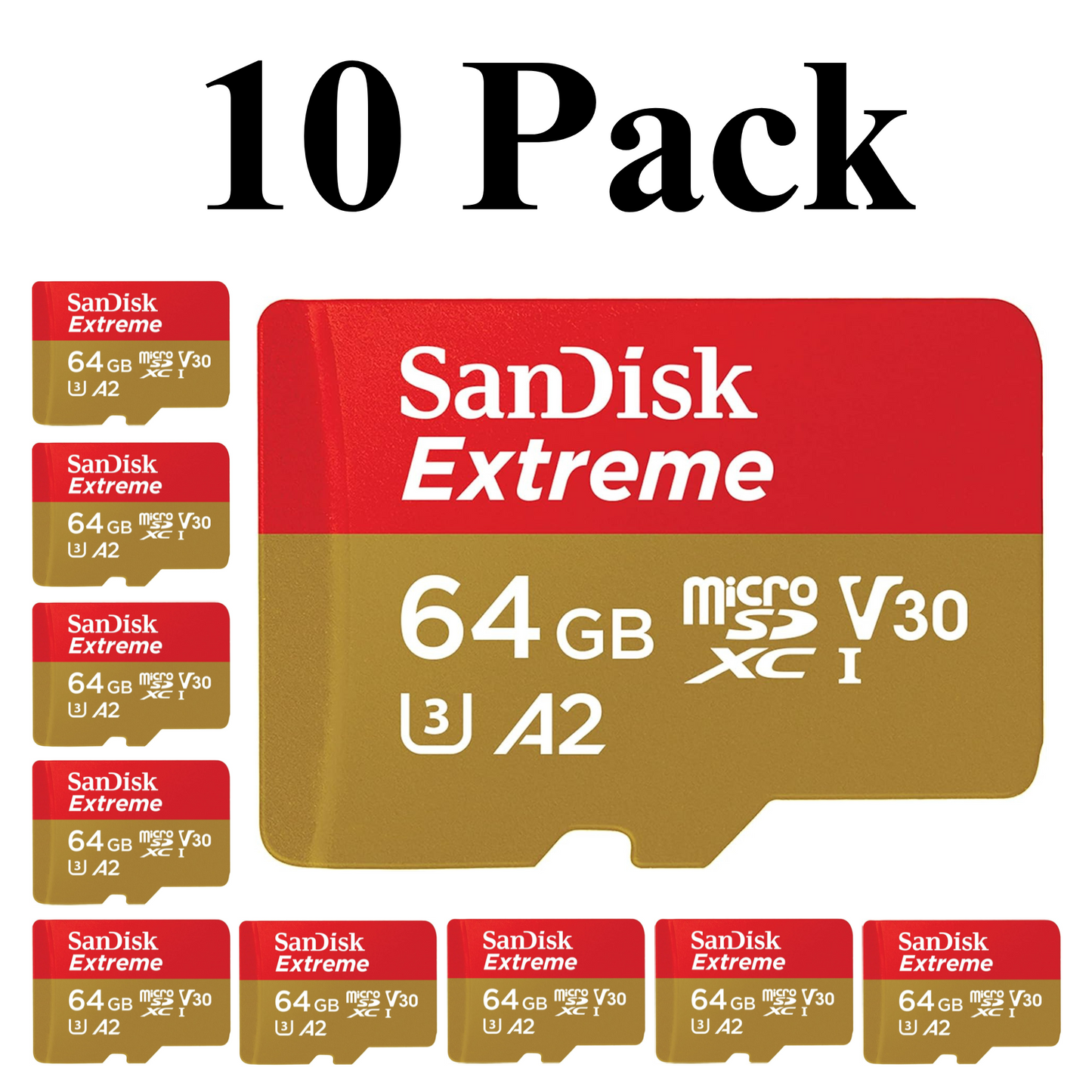 10 Pack SanDisk Extreme microSDHC UHS-I Memory Cards, 64GB, A2, U3, V30, ideal for 4K UHD recording and fast app performance.