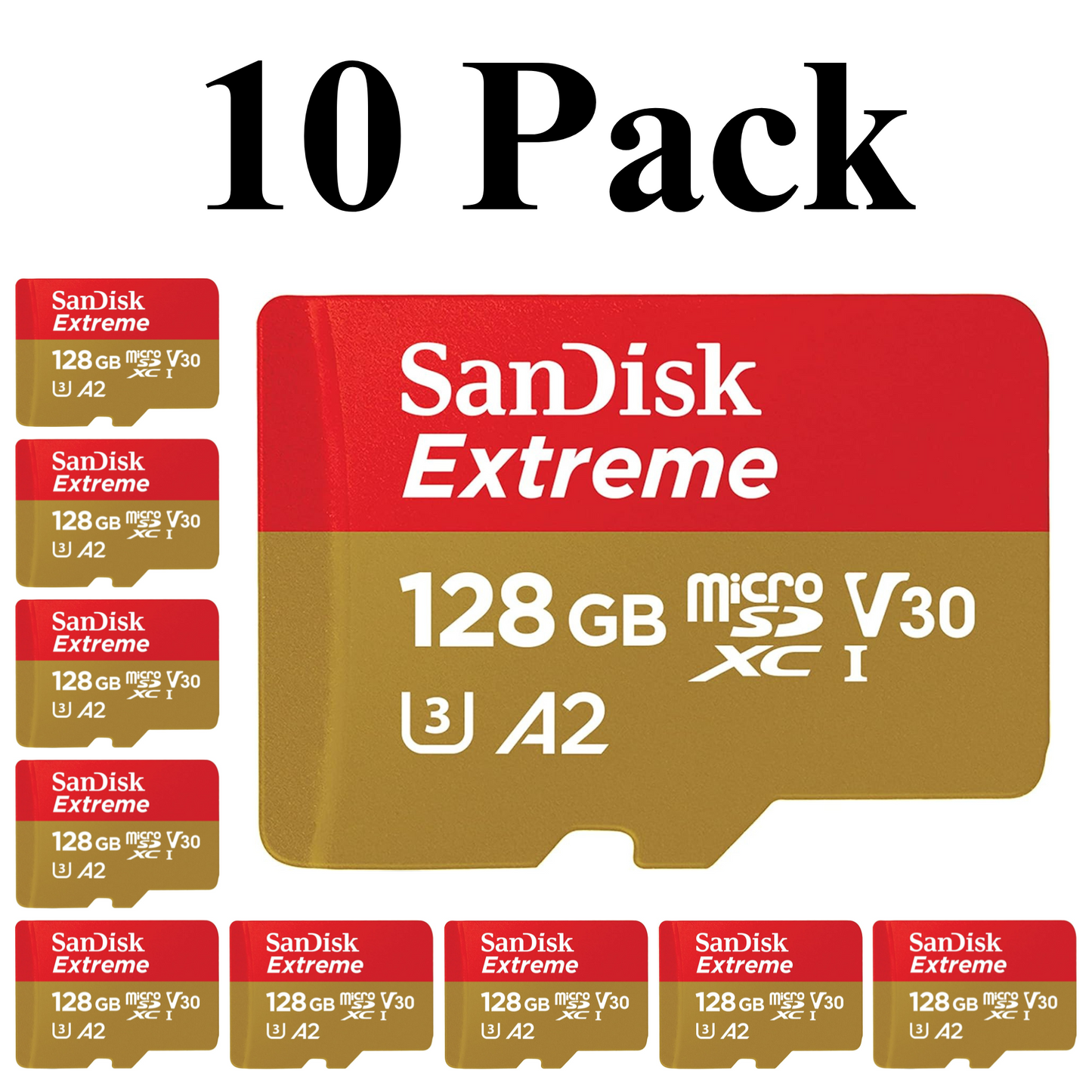 10 Pack SanDisk Extreme microSDHC UHS-I Memory Cards, 128GB, A2, U3, V30, for 4K UHD and Full HD recording.