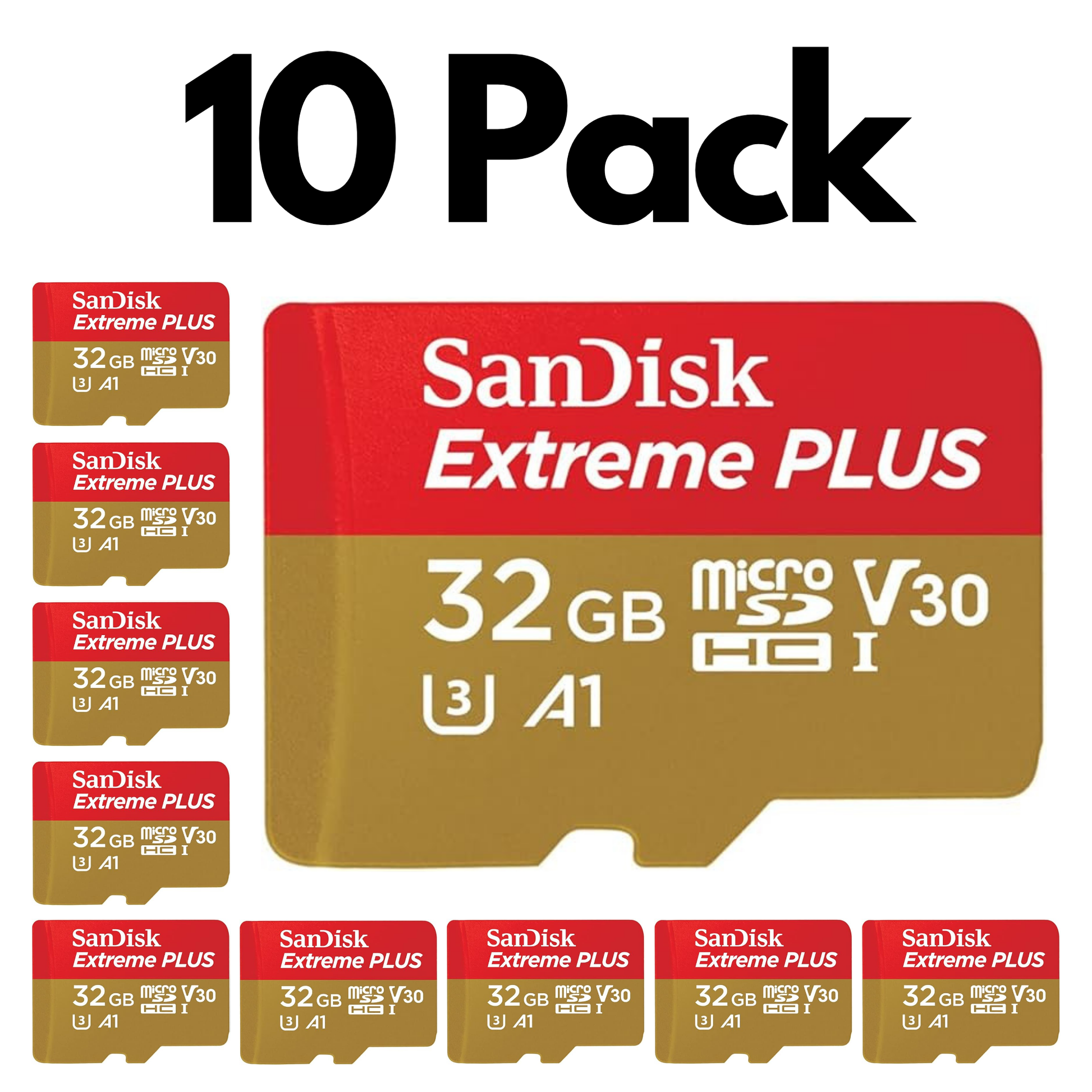 10 Pack SanDisk Extreme microSDHC UHS-I, Bulk Micro SD Cards for Action Cameras and Drones-32GB