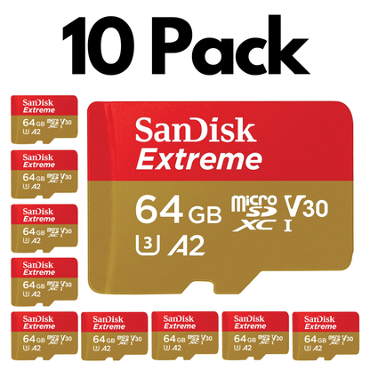 10 Pack SanDisk Extreme microSDHC UHS-I, Bulk Micro SD Cards for Action Cameras and Drones-64GB
