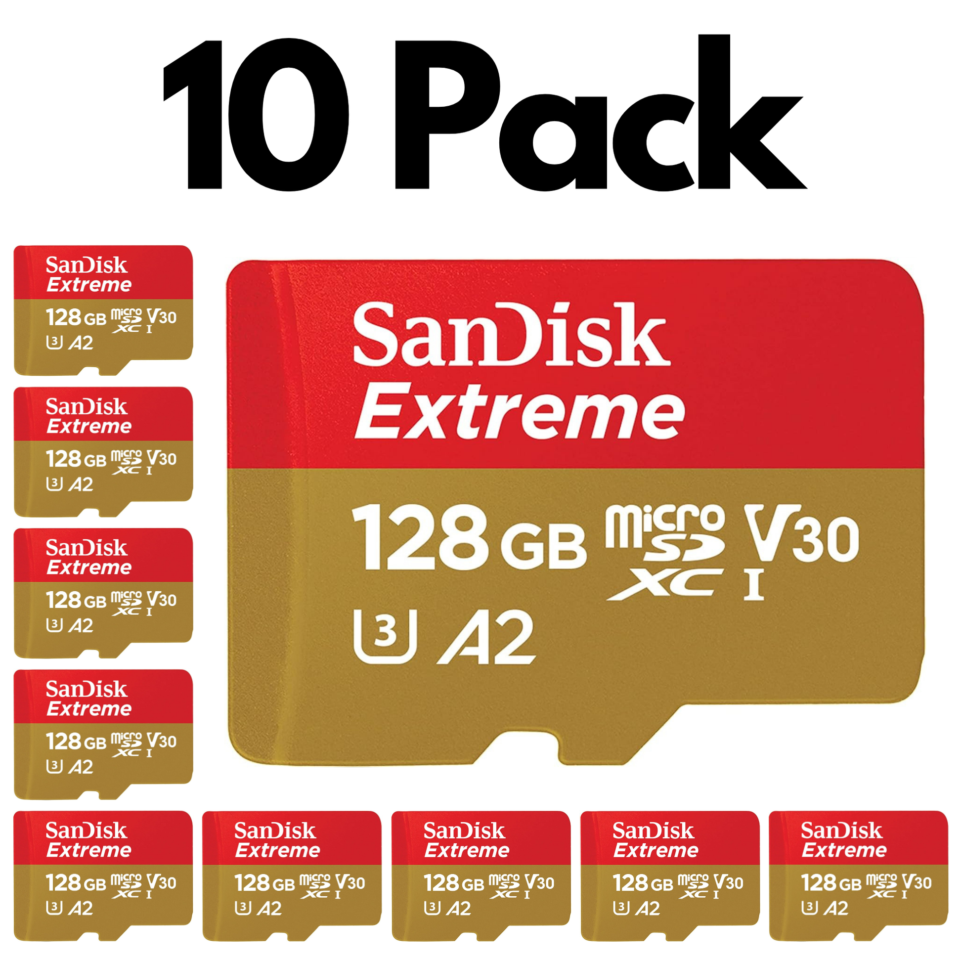 10 Pack SanDisk Extreme microSDHC UHS-I, Bulk Micro SD Cards for Action Cameras and Drones-128GB