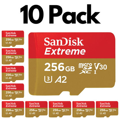 10 Pack SanDisk Extreme microSDHC UHS-I, Bulk Micro SD Cards for Action Cameras and Drones-256GB