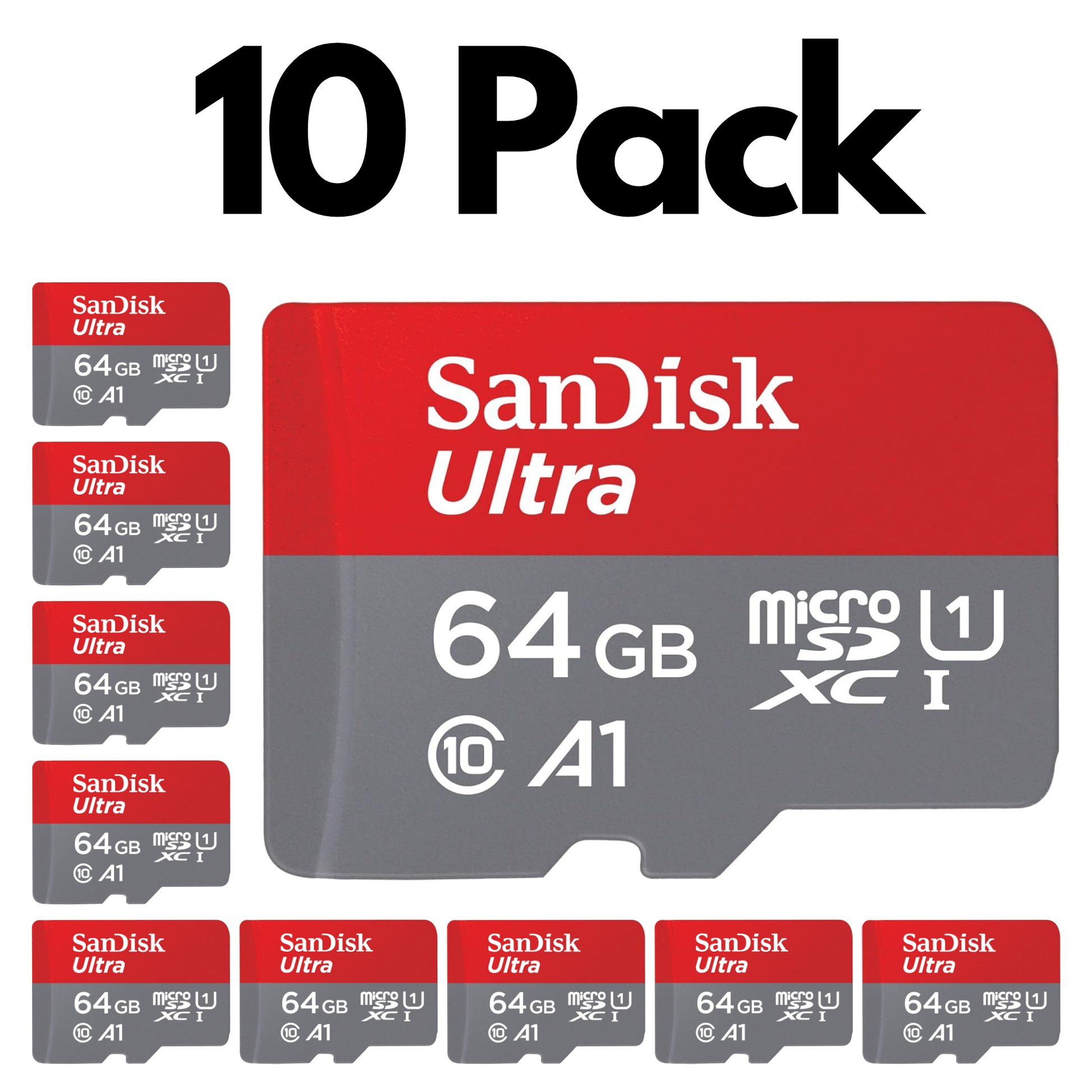 10 Pack SanDisk Ultra microSDXC UHS-I, Bulk Micro SD Cards for Smartphones, Tablets and Cameras-64GB