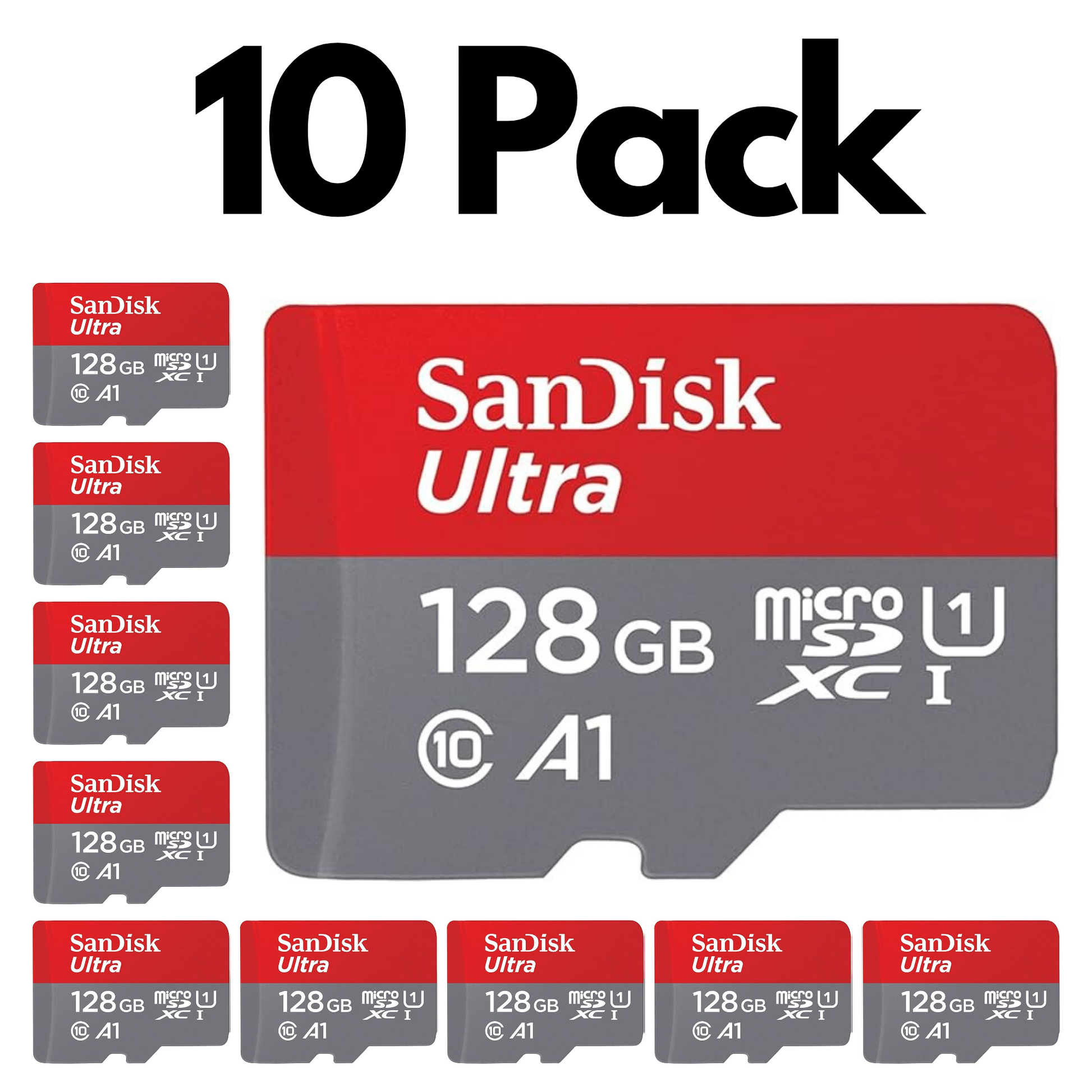 10 Pack SanDisk Ultra microSDXC UHS-I, Bulk Micro SD Cards for Smartphones, Tablets and Cameras-128GB