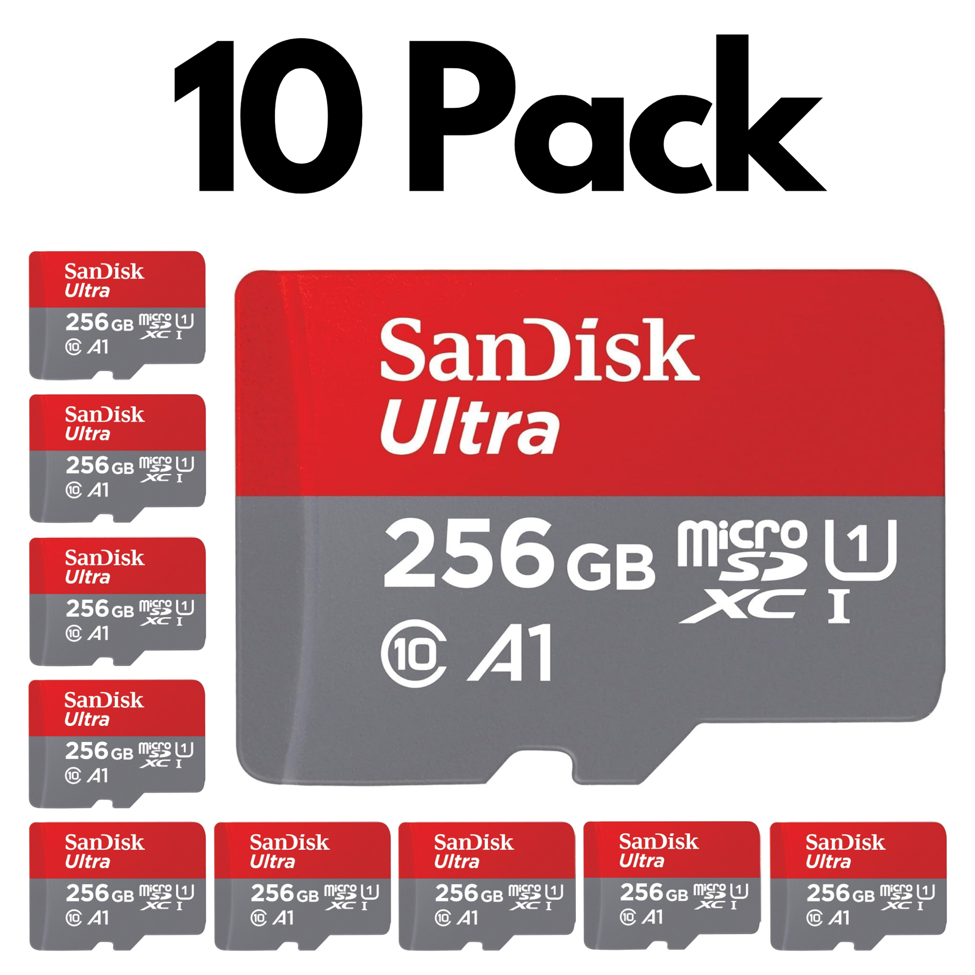 10 Pack SanDisk Ultra microSDXC UHS-I, Bulk Micro SD Cards for Smartphones, Tablets and Cameras-256GB