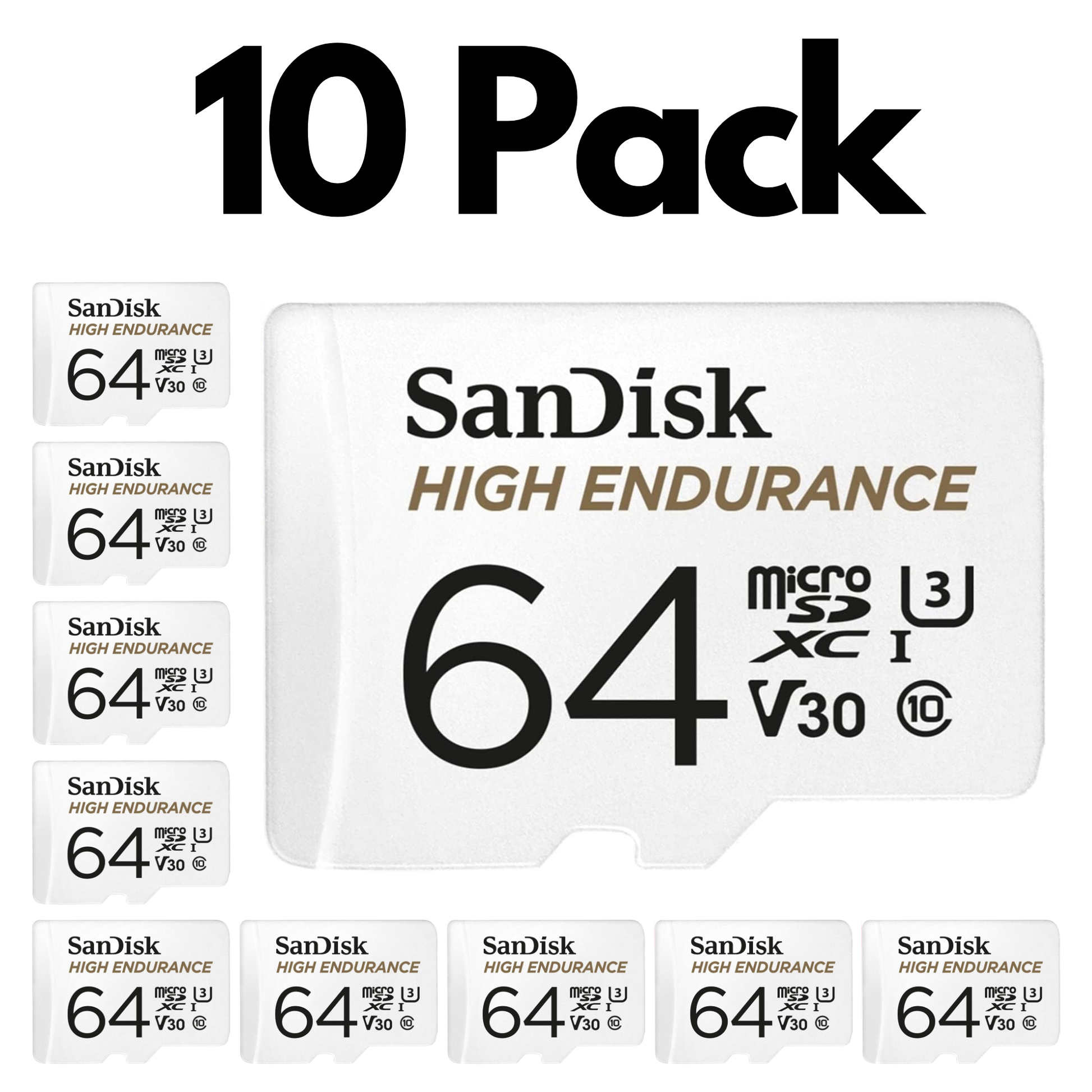 10 Pack SanDisk High Endurance Video microSDXC, Bulk Micro SD Cards for Dash Cams and Home Security-64GB