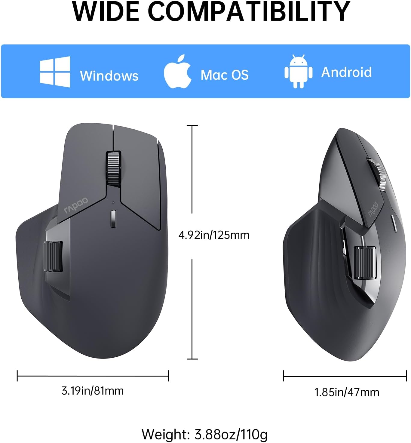 RAPOO MT760 Wireless Bluetooth Mouse - Bluetooth 5.0/2.4GHz Multi-Mode Connection Multi-Device Computer Mouse, M+ Cross Computer Technology, 11 Programmable Buttons, 90 Days Battery Life, Black