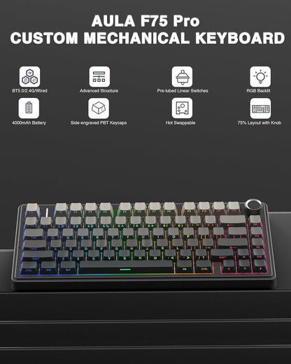 AULA F75 Pro custom mechanical keyboard with features listed on a dark background