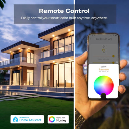 Smart home control app on a phone with a modern house in the background