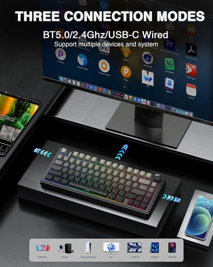 Multimedia setup with keyboard, monitor, smartphone, and tablet on a desk.